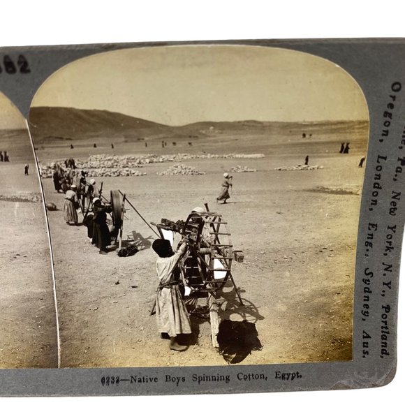 Antique 1905 Stereoview Photo Card Native Boys Spinning Cotton Egypt Keystone - Picture 4 of 10